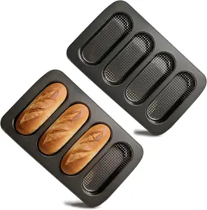 2 Pack 4-Cavity Perforated Baguette Baking Pan, Carbon Steel Hot Dog Bun Pan for Crispy Crust Homemade Bread Baking