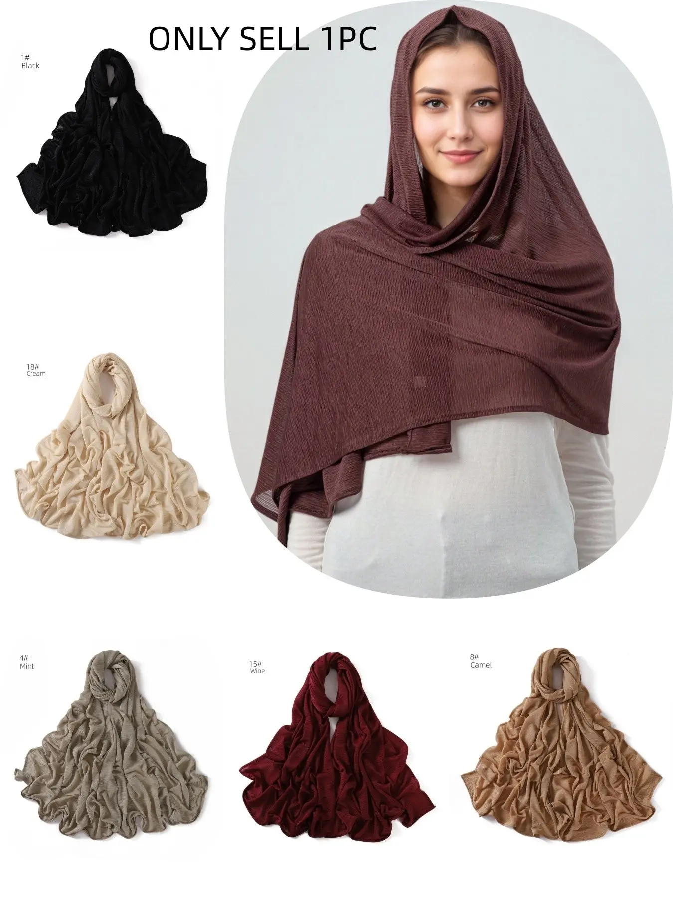 New Breathable Micro Stretch Natural Wrinkled Soft Long Scarf, Fine Texture Folded Solid Color Headscarf Shawl Modesty Hijab Wrap for Women