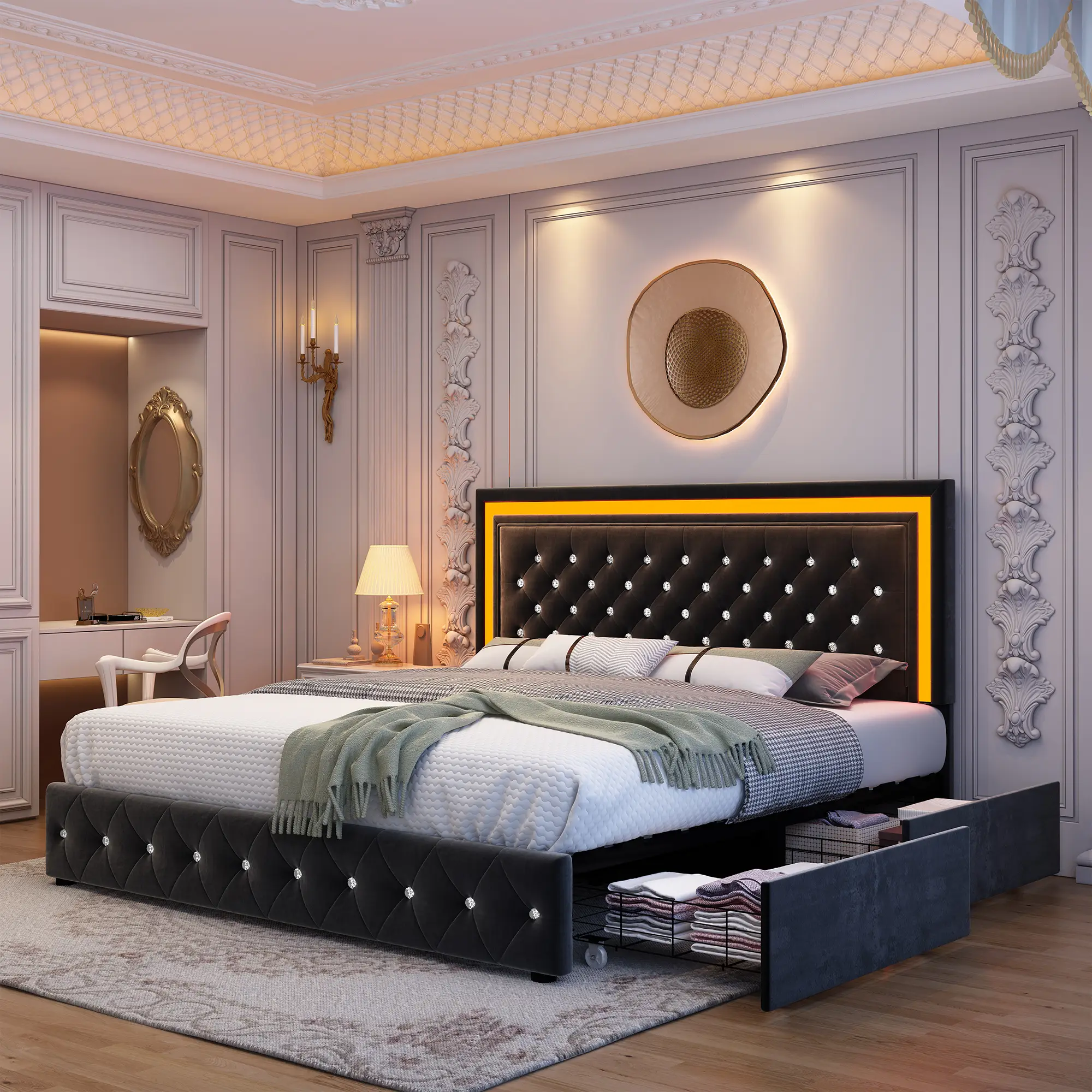 Queen Upholstered Platform Bed Frame with Adjustable Headboard, Diamond Tufted, Wooden Slats Support, No Box Spring Needed, Easy Assembly, Black