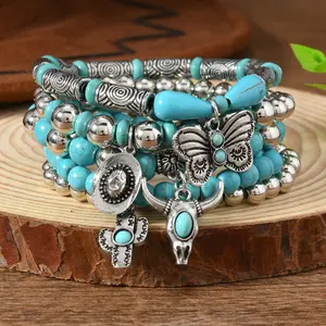 5pcs New Turquoise Beaded Bracelet Set for Men and Women, Perfect for Daily Wear, Christmas Gift, Halloween Gift, New Year Gift, Valentine'S Day Gift, Bohemian Style, Animal Theme, Fashionable Wristbands|Bohemian Style Bracelets|Animal Themed Bracelet