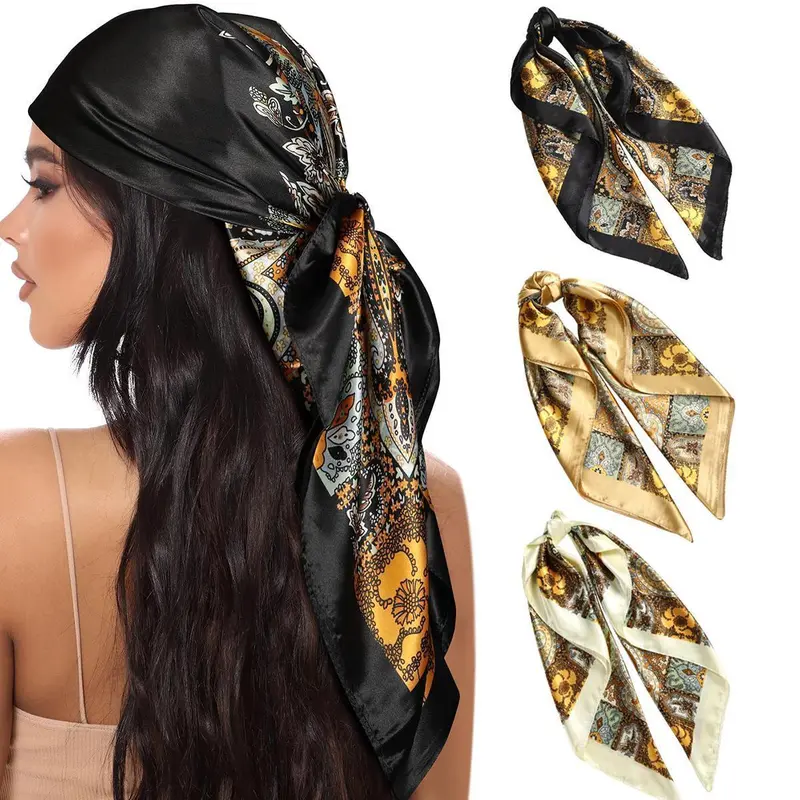 AWAYTR Women's 3PCS 35in Large Square Bandana-Style Scarves, 100% Polyester Satin Scarf for Women with Silk-Feeling Breathable Quick-Dry Material, Casual Versatile Headscarf Hair Accessory for Office Use