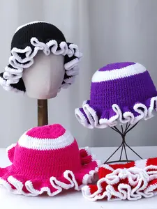 Double Color Ruffled Crochet Knit Hat, Folded Wide Brim Fisherman Cap, Unisex Funny Fashion Pullover Hat, Casual Style