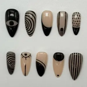 Abstract Black Beige Press On Nails, Modern Graphic Nail Art, Minimalist Line Pattern, Trendy Neutral Statement Nails