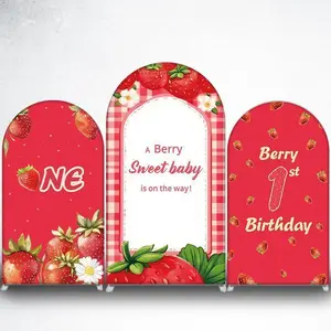 15-day 2D Flat Delivery Red Strawberry Pattern Arch Backdrop Cover for Summer Fruit Theme Party Photo Booth