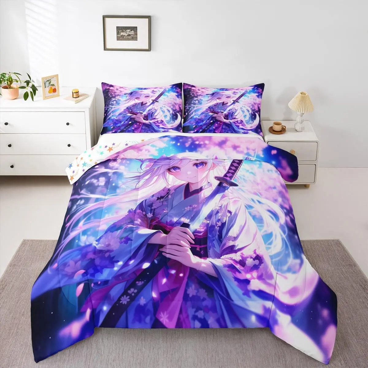 Anime Comforter Set Kawaii Japanese Anime Bedding Set Cartoon Duvet Insert Sci Fi Style Japanese Animation Quilt Adult Bedroom