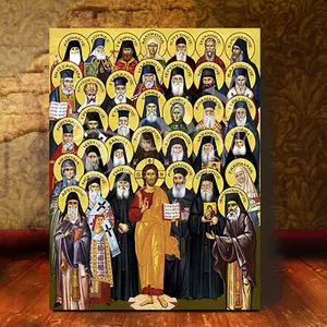 1 Piece Handmade Greek Orthodox Modern Saint Portrait - Golden Background Byzantine Art Wall Decoration, Exquisite Patterns and 24 Saint Portraits, Wooden Board Framed, Suitable for Church, Living Room, Bedroom - Spiritual Home Decoration, Religious Wall