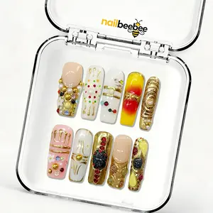 Royal Gilded Gemstone Mid-Square Press-On Nails, Handmade Long Coffin French Tip Fake Nails, Reusable Acrylic Nails with 3D Flower & Rhinestone