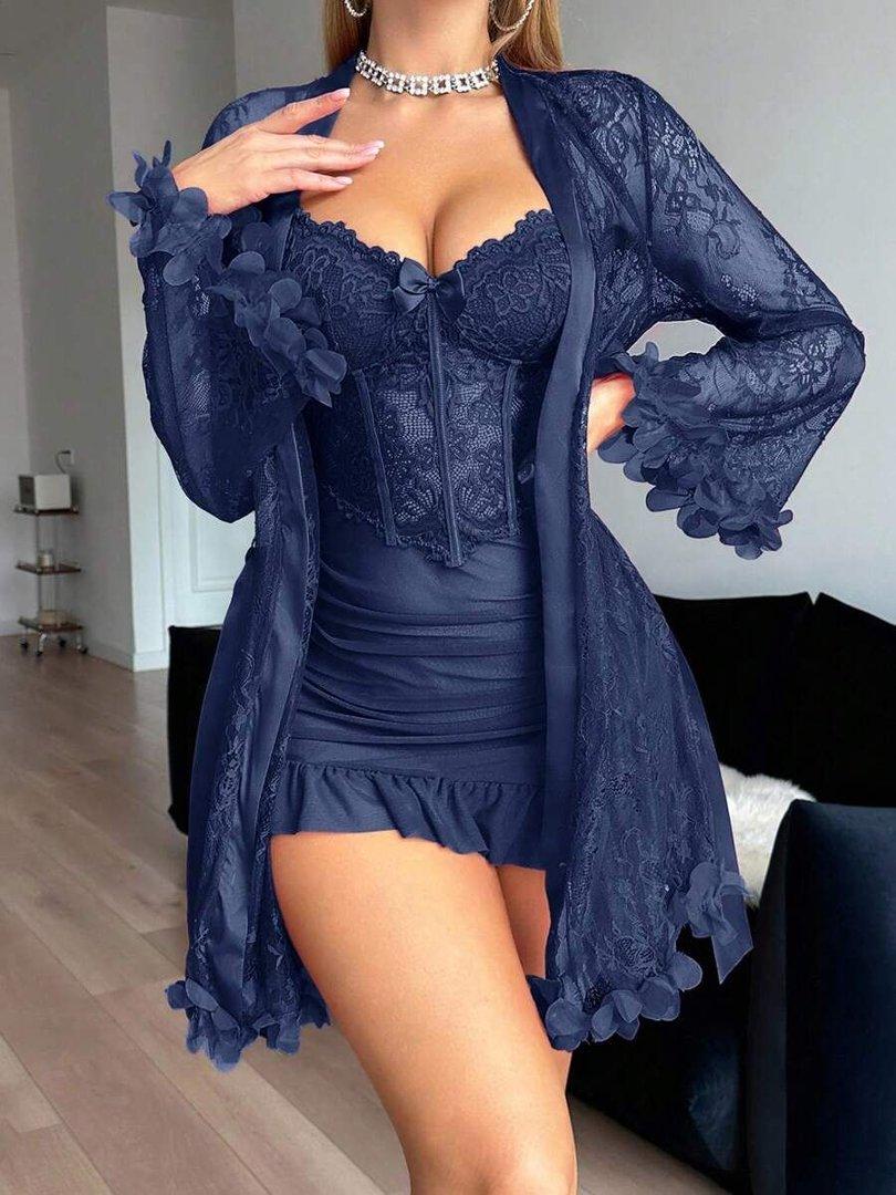 2 pcs Lingerie For Women Womens Lace Bodysuit Sexy Nighty Mesh Sleepwear V Neck Chemise Nightgowns