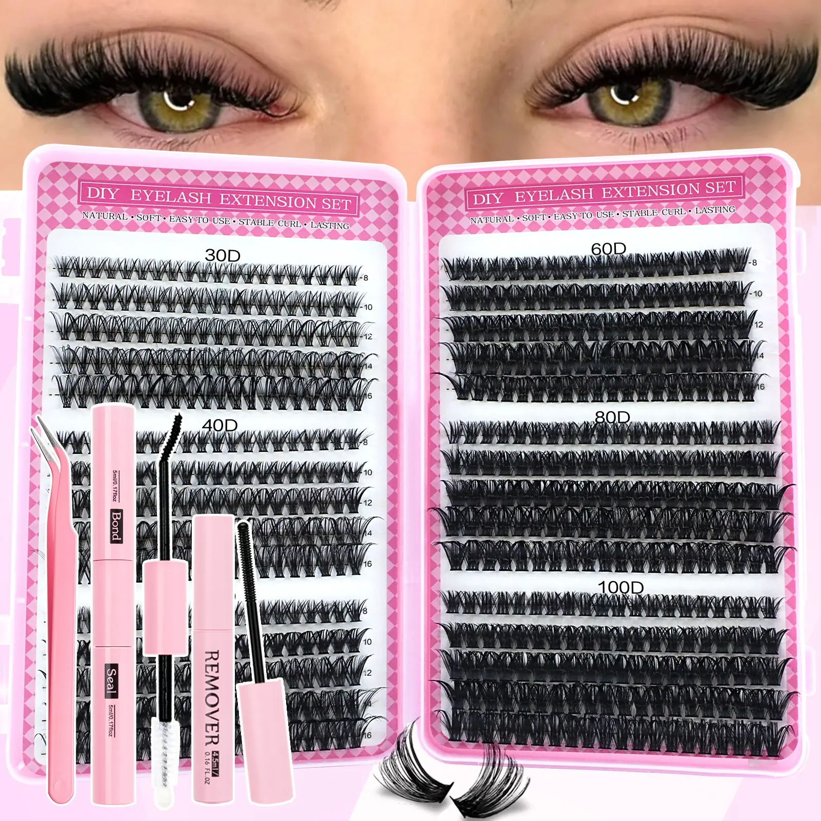 DIY False Eyelashes, Cosmetic False Lashes, Eyelash Extension, D Curl, Dense Style, Mixed Lengths 30D-100D, 8mm-16mm, Natural and Voluminous, Self-Assembly Cluster Lashes, DIY Eyelash Extensions