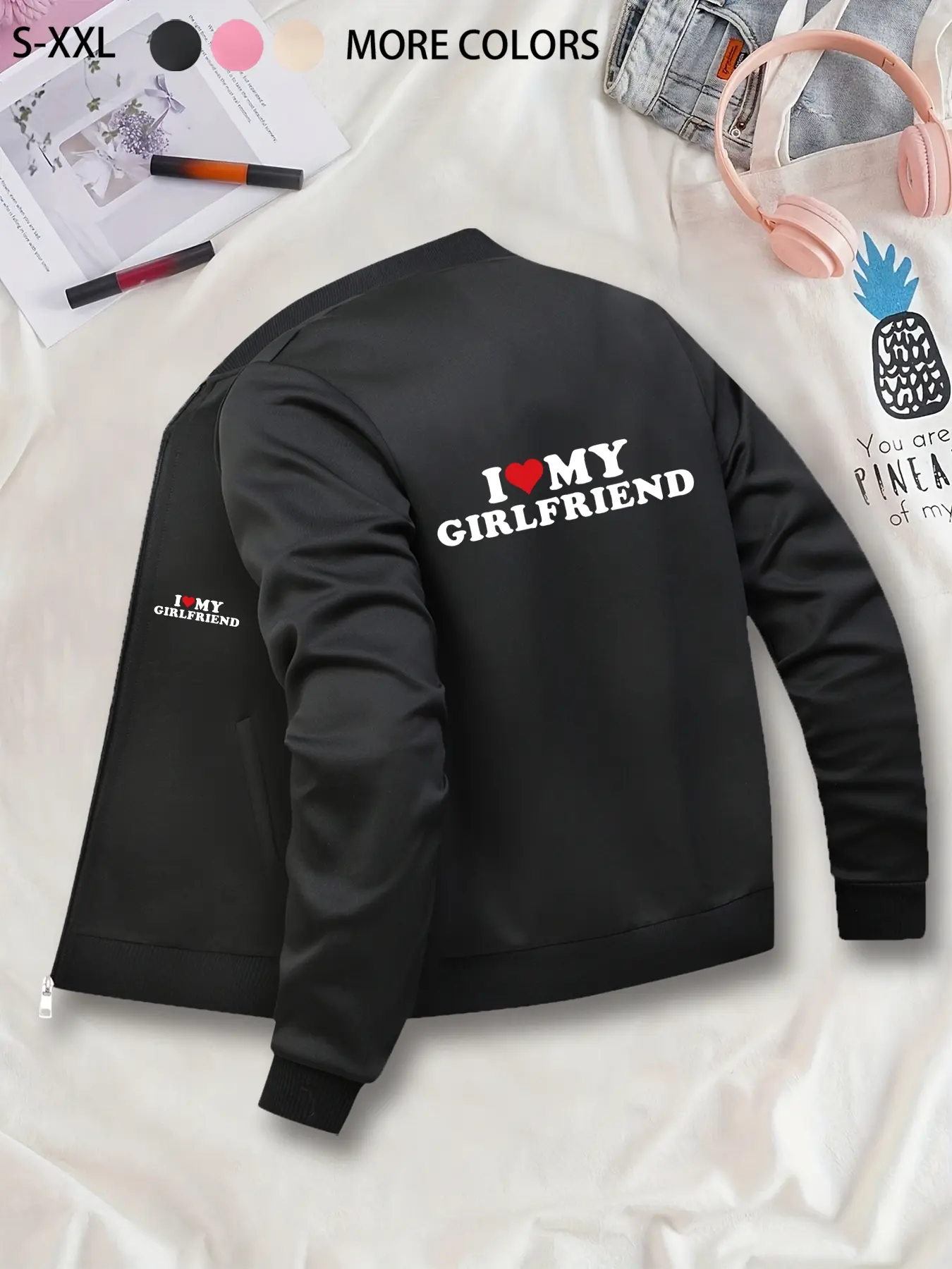Couples' "I Love My Girlfriend" Printed Bomber Jacket - Zip-Up Casual Jacket, Stand Collar, Polyester Knit Fabric, Fitted Design, Pocket Detail, Suitable for Autumn & Winter.