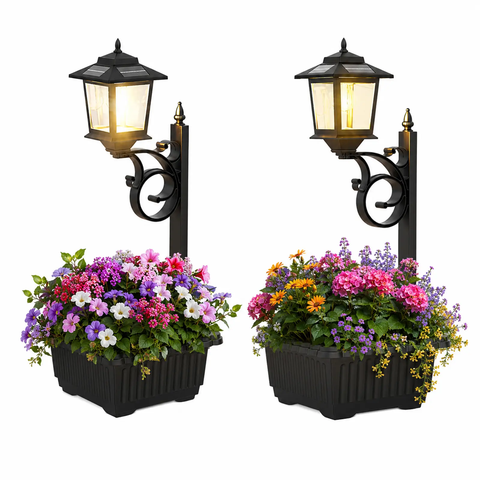 DERAYSION  Solar Outdoor Lamp with Planter, 3000K Warm White Solar Street Light, 2-in-1 Wall Mounted/Free Standing Garden Light with Flower Pot, IP44 Waterproof Solar Porch path Light for Patio, Pathway, Yard Decor