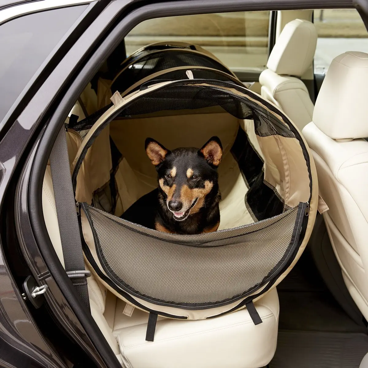 Adjustable Pet Tube Car Crate - Collapsible Kennel with Mesh Windows for Safe & Comfortable Travel