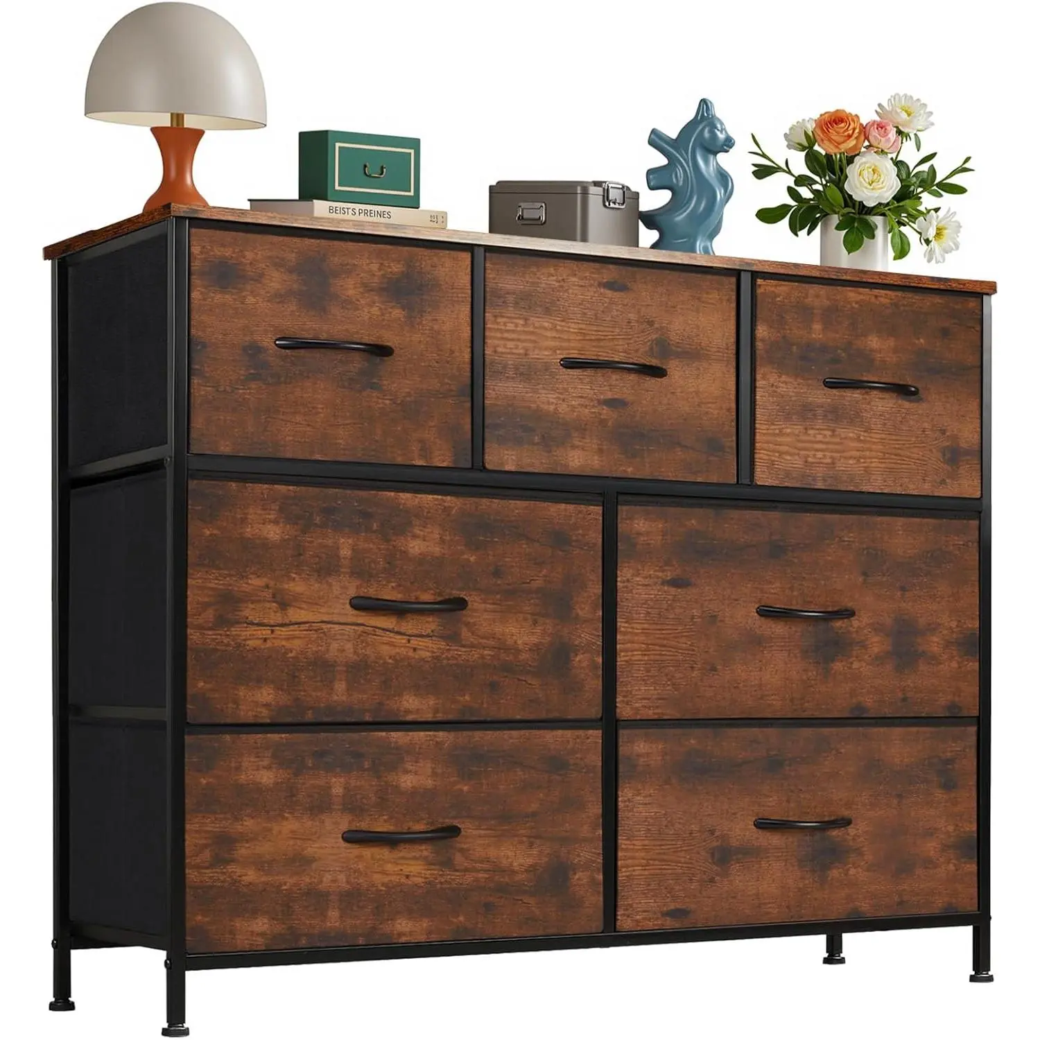 Fabric Dresser 7 Drawers with Wood Top, Steel Frame Storage Tower, Easy-Pull Fabric Bins, Anti-Tip Kit, Adjustable Feet, for Bedroom Living Room Entryway Closet Chests