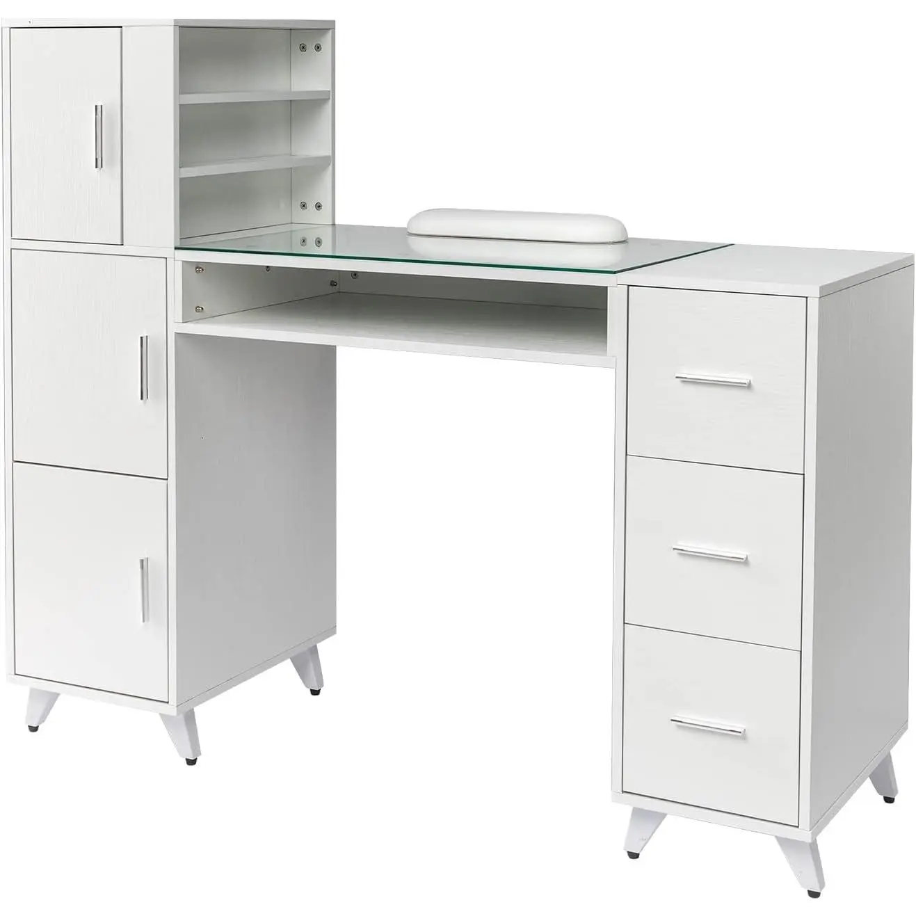 OmySalon Manicure Table Nail Desk for Nail Tech w/Glass Top & Wrist Rest, Beauty Salon Nail Supplies Decor Workstation Acetone Resistant w/3 Side Cabinet+3 Drawers+3 Layers Open Cabinet+1 Open Drawer