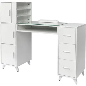 OmySalon Manicure Table Nail Desk for Nail Tech w/Glass Top & Wrist Rest, Beauty Salon Nail Supplies Decor Workstation Acetone Resistant w/3 Side Cabinet+3 Drawers+3 Layers Open Cabinet+1 Open Drawer