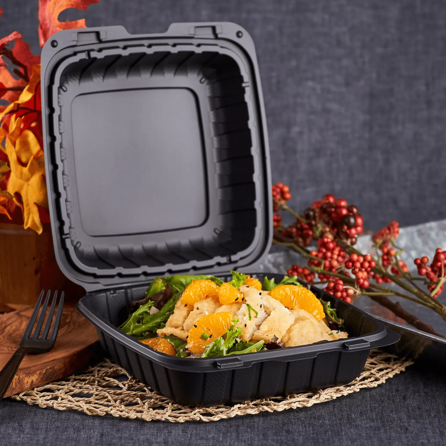 Karat Earth 8" x 8" Mineral Filled PP Hinged Container, Black - 200 pcs Karat Earth 8" x 8" Mineral Filled PP Hinged Container, Black - 200 pcs