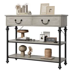 Space-Saving Narrow Console Table with 2 Drawers & Open Storage Shelves - Roman Entryway Sofa Table - Accent Furniture for Hallway