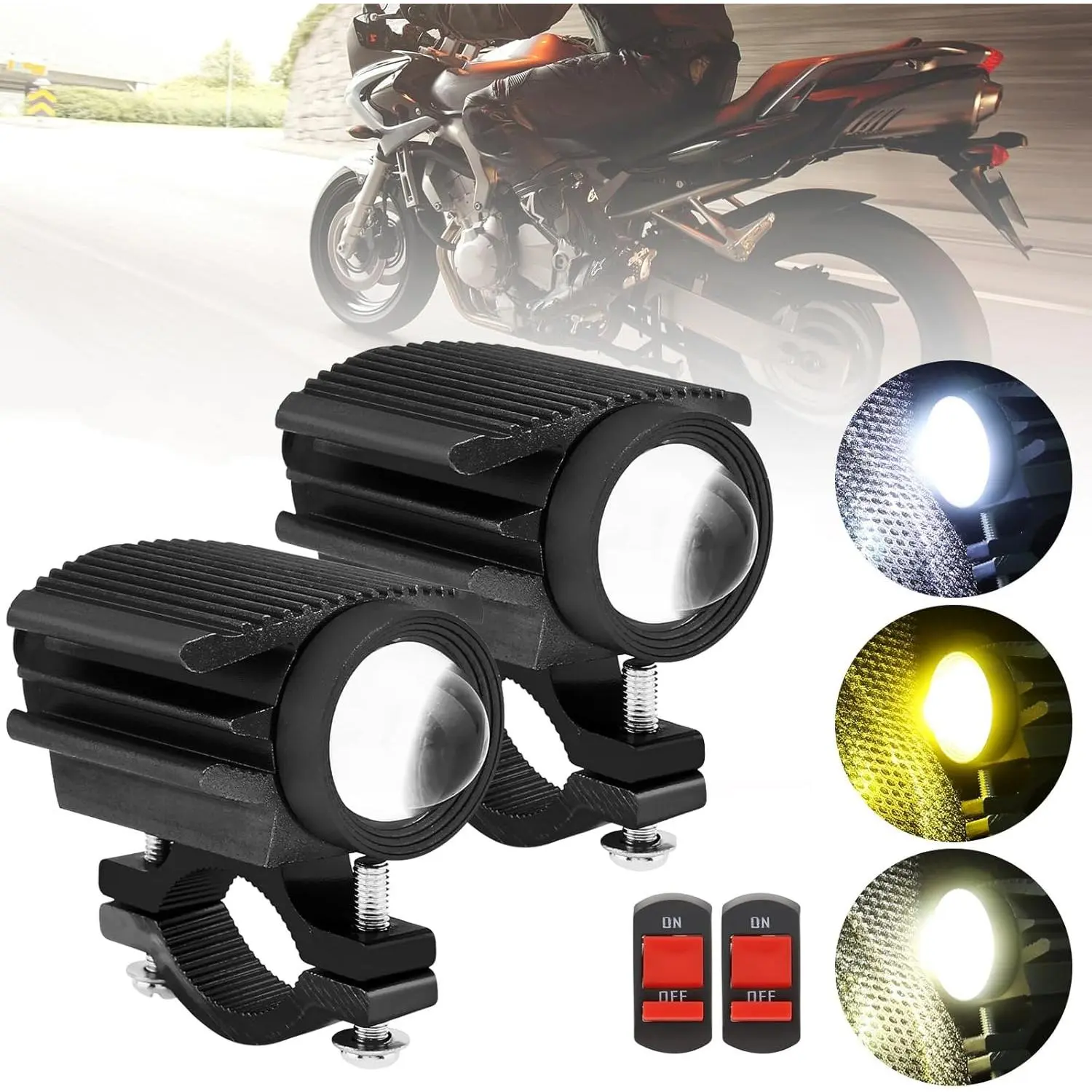 2PCS Motorcycle LED Headlight,32W 4 Modes Hi/Lo Beam Yellow White 6500K Waterproof Aux Spotlight for Tractor Truck ATV UTV SUV Boat 9V-85V (Black2pcs)
