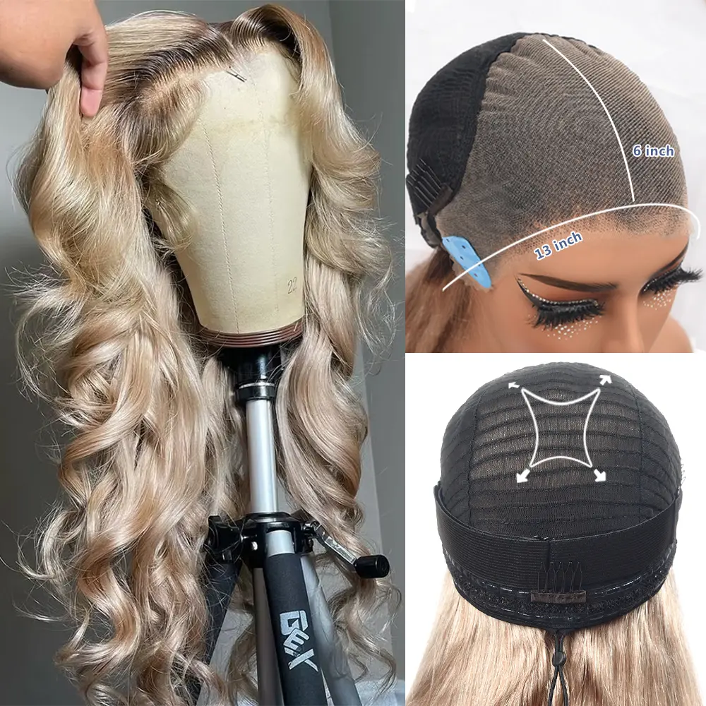 【New Upgrade】Drawstring Glueless Wig Pre Cut 13x6 Ombre Ash Blonde Lace Front Wigs Human Hair 180% Density Ash Blonde Body Wave Lace Frontal Wigs For Women 13x6 Lace Front Wig Pre Plucked