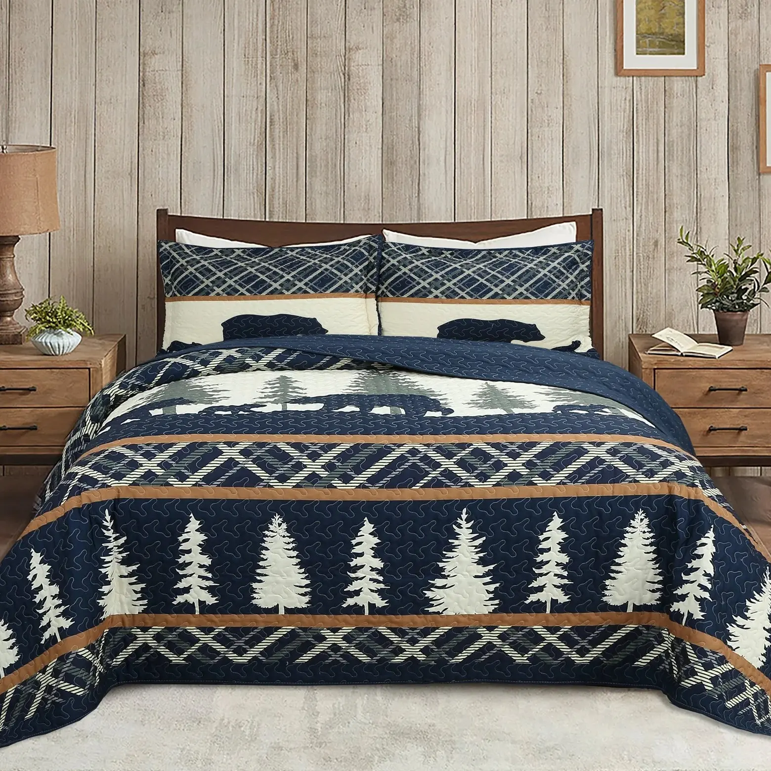 3 Pcs Cabin Lodge Rustic Country Bear Quilt Bedspread Set Navy Blue & White Pine Tree Design - 100% Polyester - Reversible & Machine Washable - Queen King Sizes, Decorative Bedding Set, Bed Comforter Sets