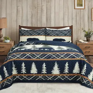 3 Pcs Cabin Lodge Rustic Country Bear Quilt Bedspread Set Navy Blue & White Pine Tree Design - 100% Polyester - Reversible & Machine Washable - Queen King Sizes