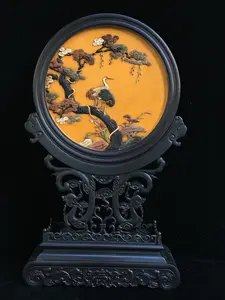 A0212 Vintage Chinese Zitan Wood Lacquerware Inlay Shoushan Stone & Shell Crane & Pine Tree Design Screen