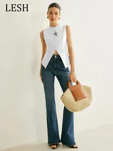 Women's Star Patched Detail Vest Jacket, Asymmetrical Button Vest, Casual Sleeveless Collared Top for Summer, Fashion Women's Top for Daily Wear