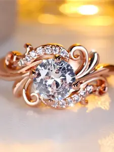 Cute Female White Zirconia Stone Solitaire Engagement Ring Rose Gold Color Wedding Jewelry For Women