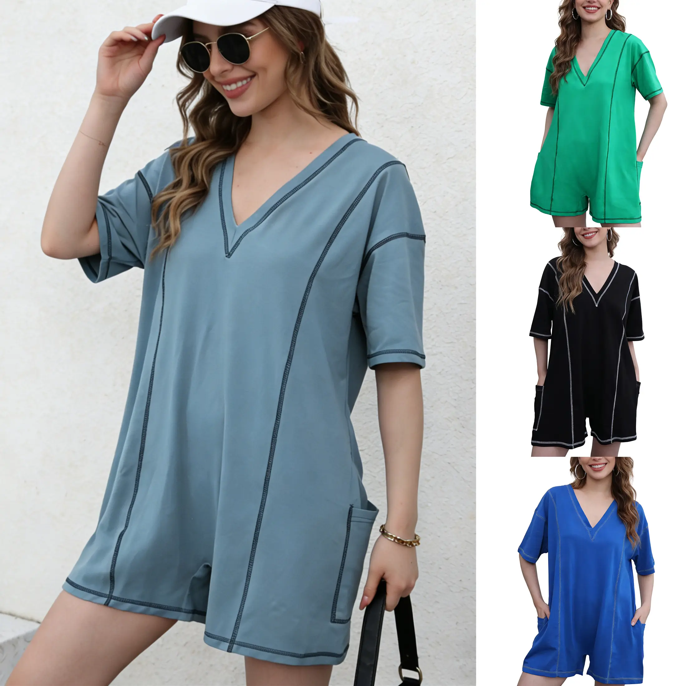 Woodberry Women's Reversible Cotton-Blend Loose Basic Sports Jumpsuit - Lady's Short-Sleeve (Half Sleeve) Oversized Athletic Romper, V-Neck, Drop Shoulder, Side Pockets, Soft Spandex, Minimalist Plain Design for Outdoors, Casual Use