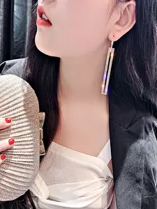 Fashion Exaggerated Long Rectangle Earrings with Rhinestones, Silver Color Studs, Elegant Jewelry for Women