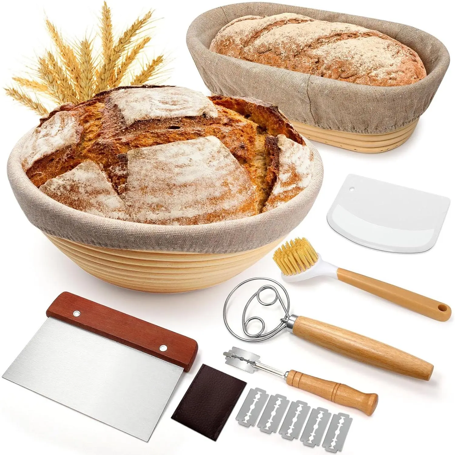 Traditional Yeast Dough Fermentation Basket Gift Set, 9inch Round and 10inch Oval Bread Fermentation Baskets Baking Supplies, Yeast Dough Basket with Bread Knife, Danish Bread Knife, Bowl Scraper, Yeast Dough Scraper and Linen Liner