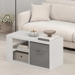VIOLA Coffee Table, 3-Tier Modern Coffee Table with 1.2 Thick Tabletop, Side Table with Open Shelf and Storage Bin, for Living Room, Bedroom, Home Office, White/Light Grey