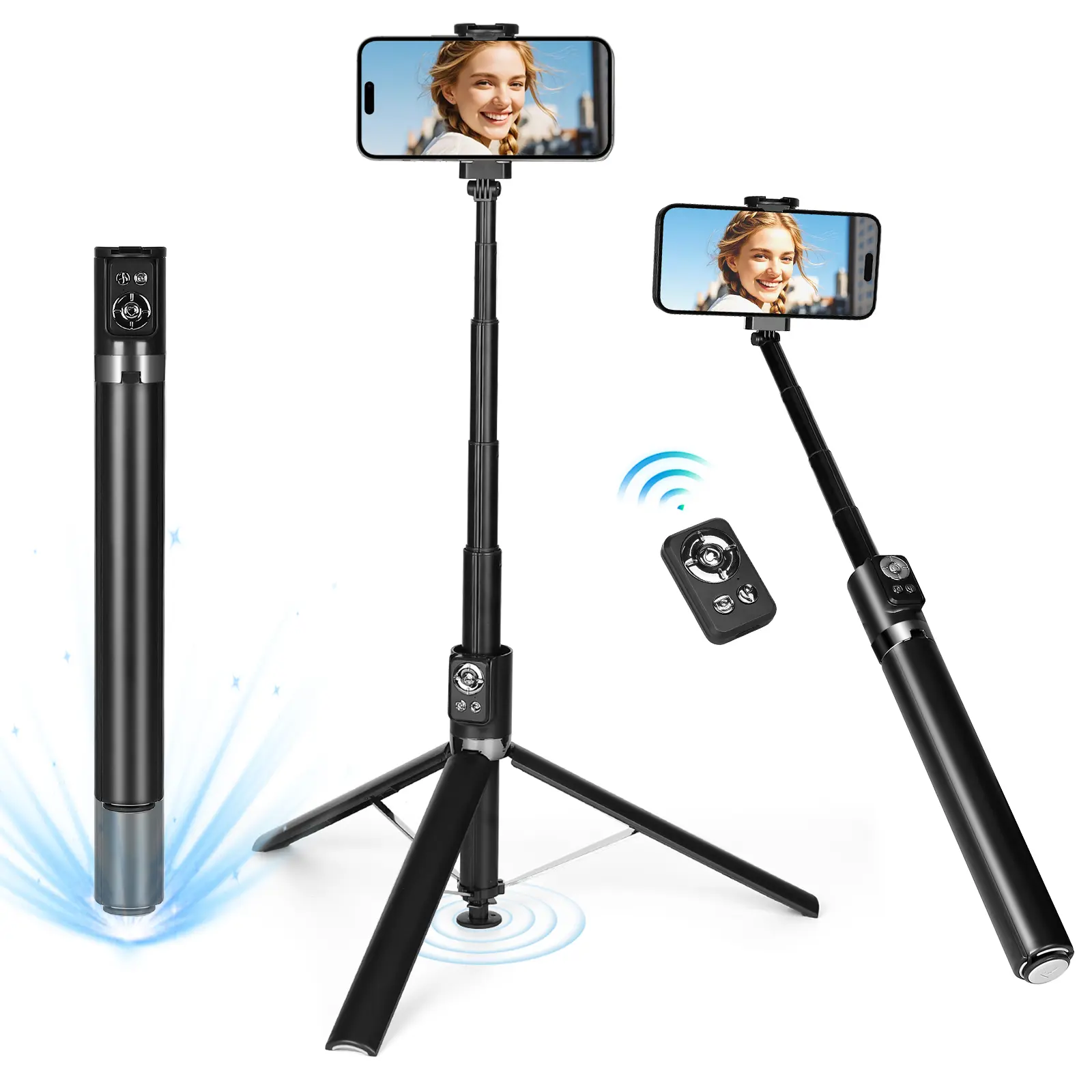 70.8in Automatic Open Tripod Selfie Stick for Mobile Devices, 1-Click Expand, Easy Foldable Portable Travel Phone Stand, 360° Rotating Alloy Aluminium Mount with Silicone Adjustment for iPhone/Android (Remote Control Included)