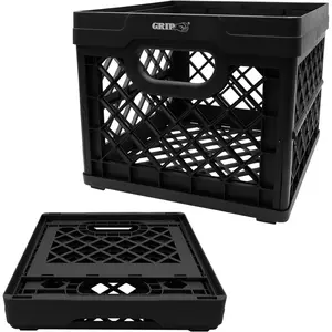 Folding Stackable Storage Bin, Blk, 6 Gallon 13" x 13" x 11" Heavy Duty Plastic Collapsible Milk Crate 50 lbs Capacity for Sporting Goods, Toys, Pool Toys, Files