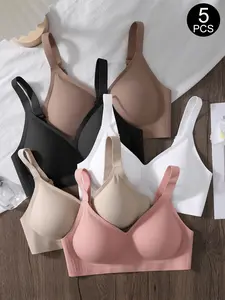 1/2/3/4/5 Piece Set Women's Casual Solid Color Seamless Full Coverage Underwear Bralette, High Quality Wireless Cups with Max Support, Everyday Comfort