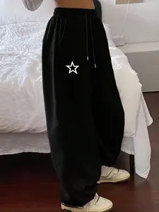 Women's Y2K style waist adjustable drawstring pocket wide-leg straight sweatpants, star print geometric trousers, punk badass college style back to school commuter casual sweatpants autumn women's wear