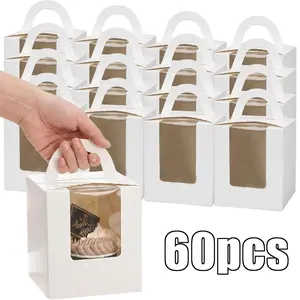  60PCS Single White Cupcakes Containers Gift Boxes with Window Inserts Handle for Wedding Candy Boxes