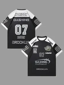 Trendy Men's Racing Graphic Oversized T-Shirt, Vintage 07 Boston Brooklyn Print Streetwear Jersey, Black White Color Block Short Sleeve Top, Y2K Hip Hop Style for Street Style & Daily Wear #MensOversizedTee #RacingStreetwear #HipHopFashion