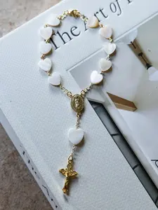 Her Heart Shines Car Decade Rosary - Steering Wheel Decade Rosary | 18K Gold Plated Catholic Gift - White Heart Rosary Car Charm