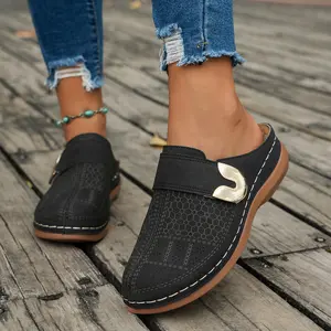 Women's Metallic Buckle Closed-Toe Wedge Slides - Slip-On Backless Mules for Women’s Casual & Office Wear Footwear Walking Shoes Leather Girl Padded Design