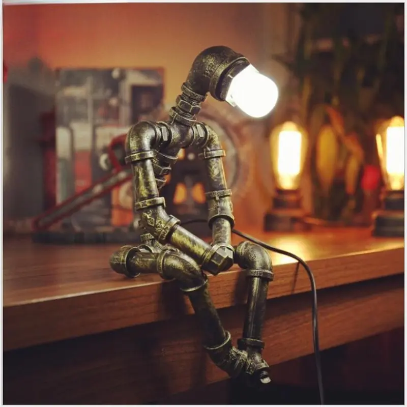 Retro Cast Iron Desk Lamp - Industrial American Loft Style, Tube Bar Pipe Robot Design, LED Indoor Lighting for Home Office