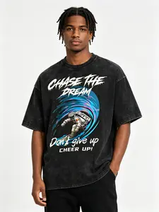 "Chase The Dream Don't Give Up" Astronaut Surfer Graphic T-Shirt, Perfect Goal Chaser Encouragement Gift Vintage Black Crewneck Tee