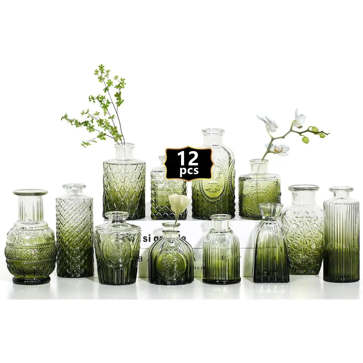 Mini Bud Vases As Wedding Centerpieces for Tables,Clear Bud Vases ,Small Flower Vases Suitable for Birthday Party,Anniversary,Wedding Reception, Shower (Dark Green, 12 count)