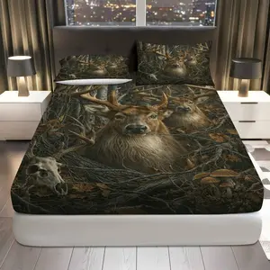 3Pcs Deer Forest Wildlife Fitted sheet Three Piece Set (1*Fitted Sheet+2*Pillowcases, Coreless), Nature theme, Rustic Woodland Bedding Set, Mattress protector Soft, Breathable, Bed Sheets Set, Decorative Bedsheet Sets