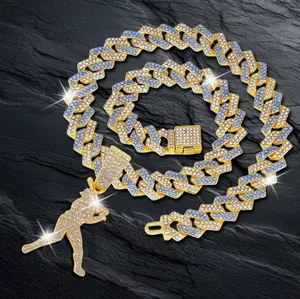 14K Gold Plated Iced CZ Blue Baseball Player Swingman Pendant Chain Cuban Necklace