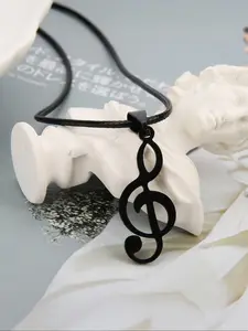 Stainless Steel Pendant Necklace with Leather Cord, Fashionable Musician Jewelry Decoration, Versatile Accessory for All Occasions