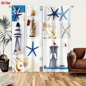 2D Flat   Nautical Themed 2-Piece Curtain Set, Blue White Coastal Starfish Seashell Sailboat Lighthouse Pattern, Light Filtering Blackout Curtains for Bedroom Living Room, Coastal Maritime Decor with Beachy Textures