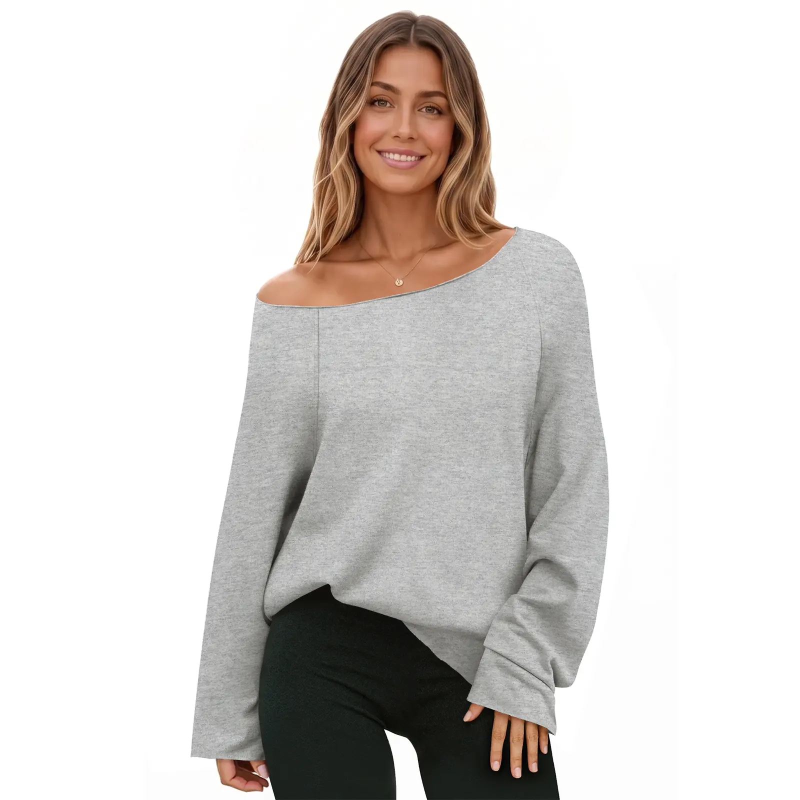 Fisoew Sports Summer Spring Women's Off-Shoulder Thin Sweatshirt/Tees, Wide Neckline Loose Pullover, Long Sleeve Y2k Fashion Loose Fit Top, SpringStatements Jeans Ash Gray Hoodie Beachy Hoodie Athletic Style Activewear Athletic Outfit