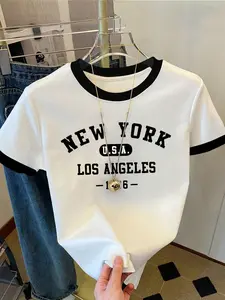 Women's Patchwork T-Shirt, Sporty Short Sleeve, Unique English Letter Design, New York Campus Style, Fresh Youth Fashion, Casual Streetwear Fit