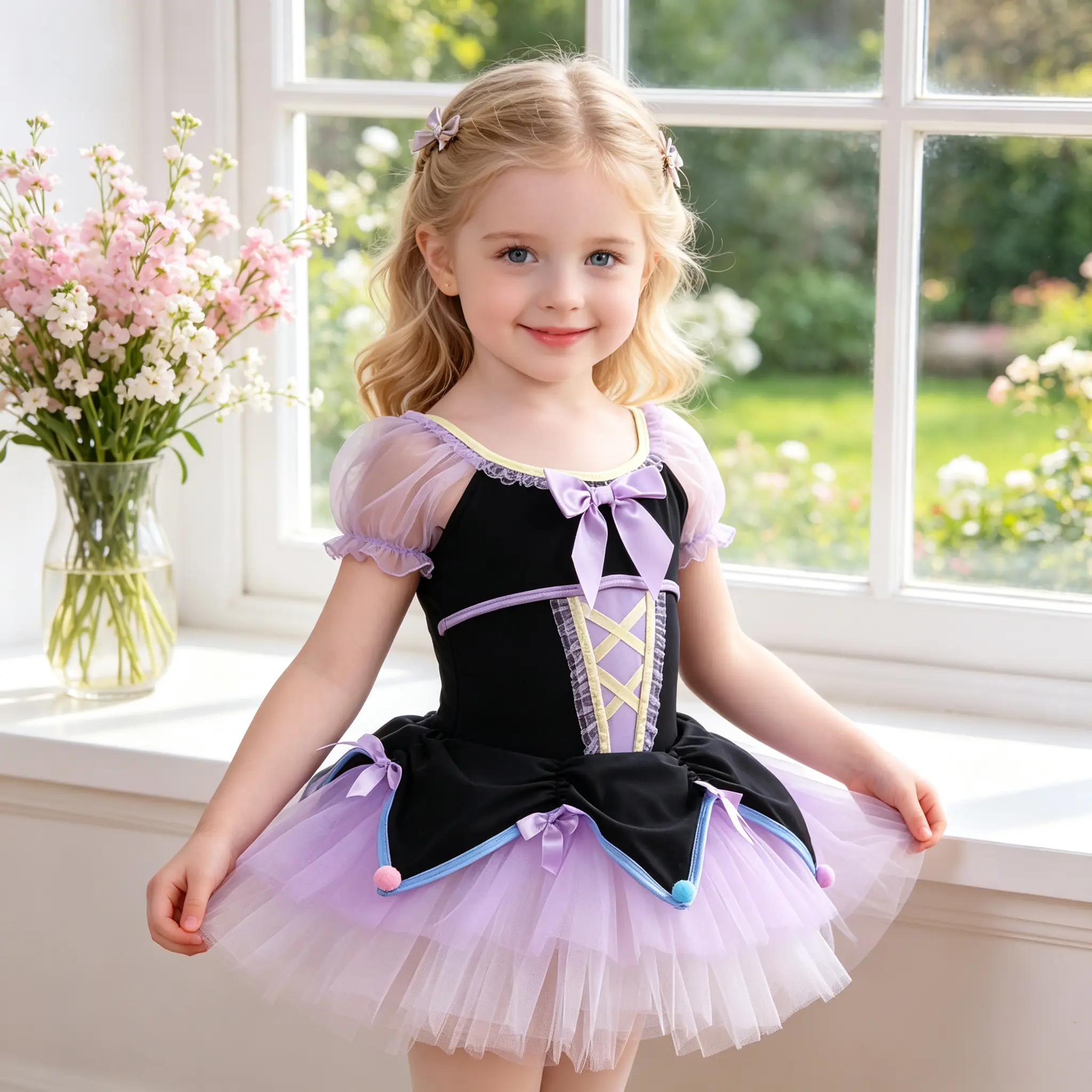 Girls Short Sleeve Ballet Tutu Dress, Princess Bow Pom Pom Leotard, Toddler Kids Dance Costume for Ballet Class Performance Dress Up